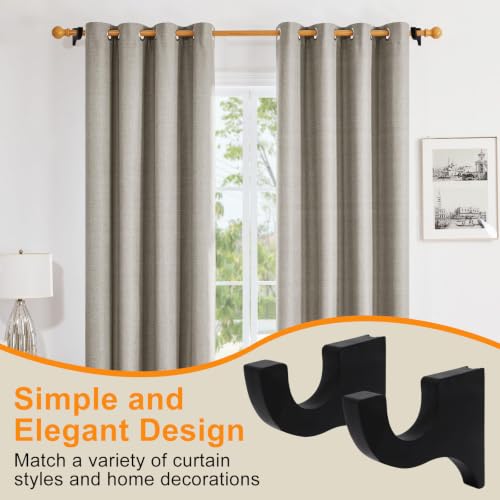 Black Wooden Curtain Rod Brackets Set of 2 - Heavy Duty Wall Mount Holders