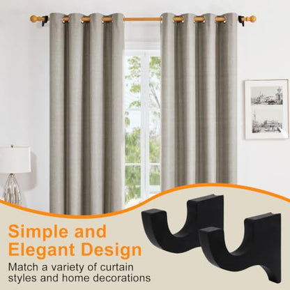 Black Wooden Curtain Rod Brackets Set of 2 - Heavy Duty Wall Mount Holders