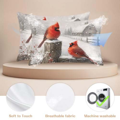 Set of 2 Christmas Cardinal Pillow Cases - Farmhouse Satin Decorative Covers 20x26 Inches