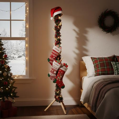 Christmas Stocking Holder Stand with 8 Hooks - Freestanding Wooden Decor