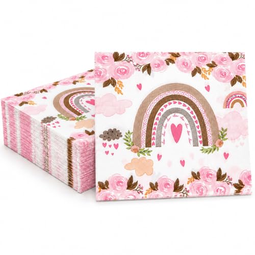 Boho Rainbow Paper Napkins Pink Floral Party Supplies 60 Count