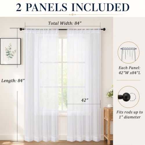 White Sheer Curtains 84 Inch Long for Living Room, 2 Panels - Pack of 2