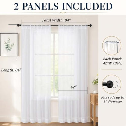 White Sheer Curtains 84 Inch Long for Living Room, 2 Panels - Pack of 2