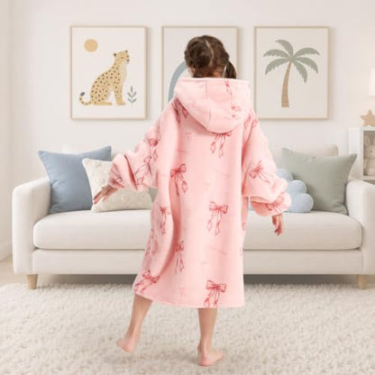 Kids Wearable Blanket Hoodie Pink Bow Oversized Cozy Winter Gift