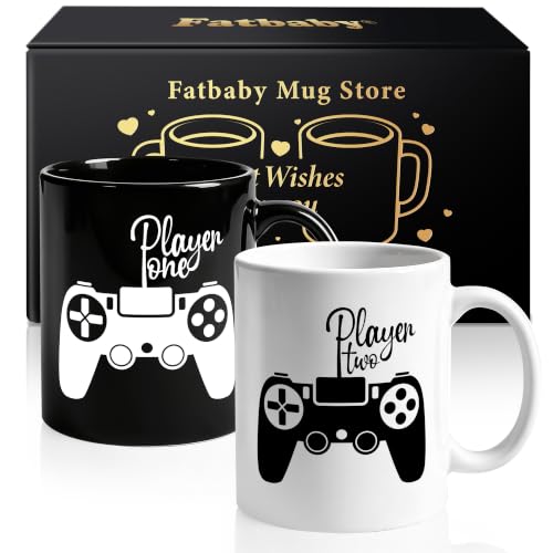 Fatbaby Player One Player Two Gamer Couples Mug Set Gift for Boyfriend Girlfriend – Valentine’s Day, Anniversary, Birthday, Christmas, 11 OZ