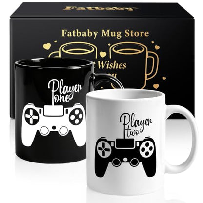 Fatbaby Player One Player Two Gamer Couples Mug Set Gift for Boyfriend Girlfriend – Valentine’s Day, Anniversary, Birthday, Christmas, 11 OZ