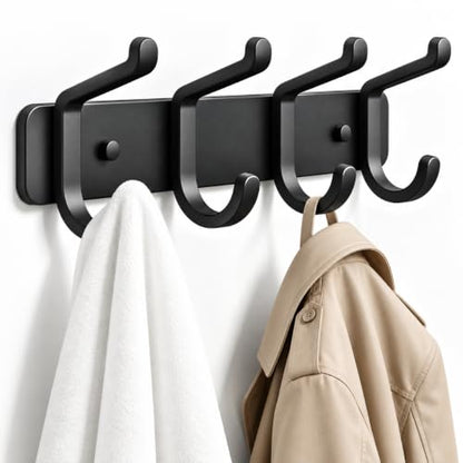 Heavy Duty Wall Mounted Coat Rack with 4 Double Hooks - Black, 1 Pack
