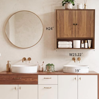 Wall Cabinet with Fluted Double Doors - 3-Tier Wall Storage for Bathroom & Kitchen - Variation of Wall Cabinet