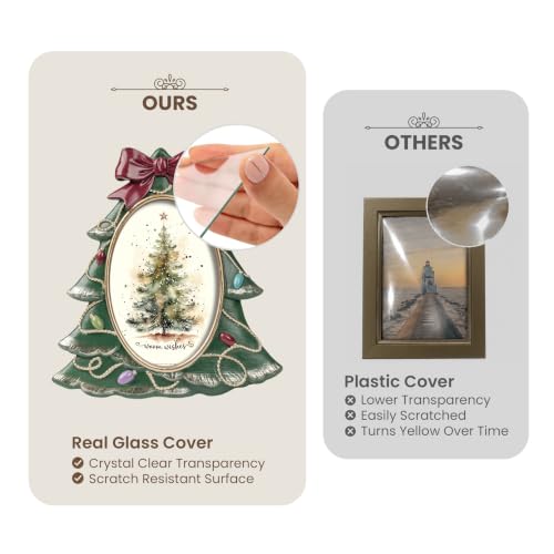 Vintage Christmas Tree Photo Frame with Bow and Light String - Green Tree Variation