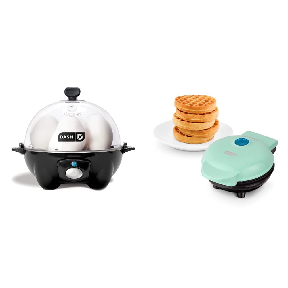 DASH Rapid Egg Cooker + Mini Waffle Maker: Electric Egg Cooker for Hard Boiled, Poached, Scrambled Eggs + Personal Mini Waffle Maker for Individual Waffles, Hash Browns