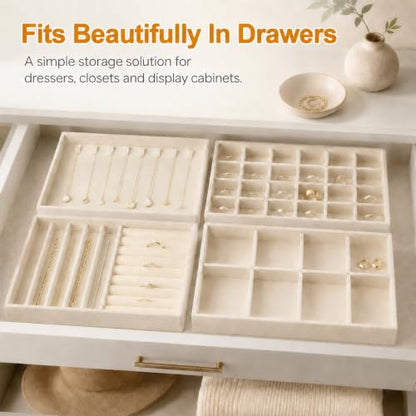 Velvet Jewelry Drawer Organizer Trays 4-Layer Beige Storage Set