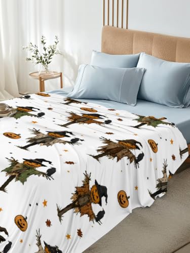 Halloween Twin Flat Sheet with Pumpkins & Crows - Orange, 66x96 inches, Soft Bedding