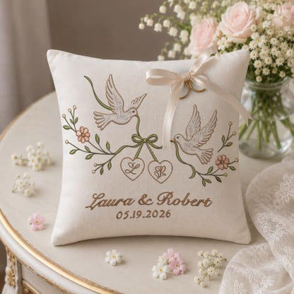 Personalized Wedding Ring Bearer Pillow - Embroidered Linen Keepsake - Wedding 8