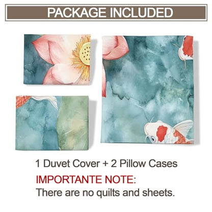 Koi Fish Duvet Cover Cal King Watercolor Lotus Bedding Set 3 Piece - Variation 54