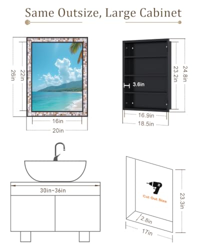 Natural Shell Inlay Bathroom Medicine Cabinet with Mirror - Reversible Wall Mount, 3 Shelves
