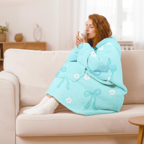 Blue Bow Oversized Animal Wearable Blanket Hoodie with Pocket for Adults & Teens
