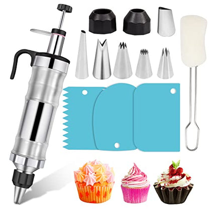 Icing Decoration Gun Set Dessert Decorating Decorator Syringe Cake Decorating Tool 6 Russian Piping Icing Nozzles Cream Scraper Cupcake Frosting Filling Injector Cake Icing Tools