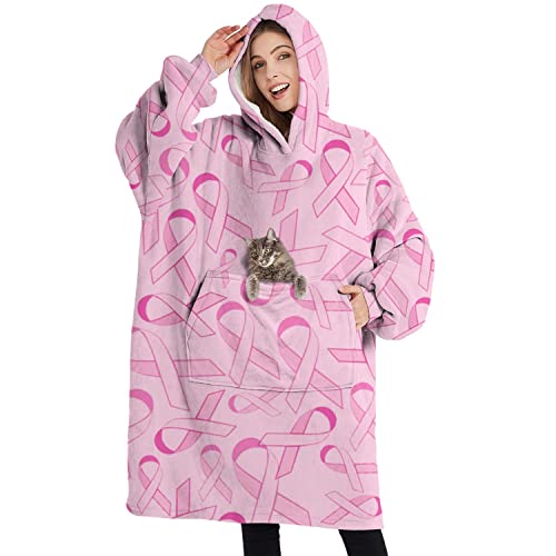 Touchbetter Breast Cancer Pink Wearable Oversized Blanket, Sherpa Blanket Sweatshirt with Super Pockets, Super Warm Fuzzy Pullover for Women & Men