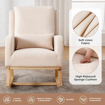 Nursery Glider Rocking Chair with Lumbar Pillow Beige - Modern Upholstered Nursery Chair for Bedroom & Living Room