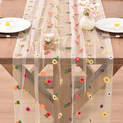 Flower Table Runner Daisy Embroidered Wedding Decor Champagne 4