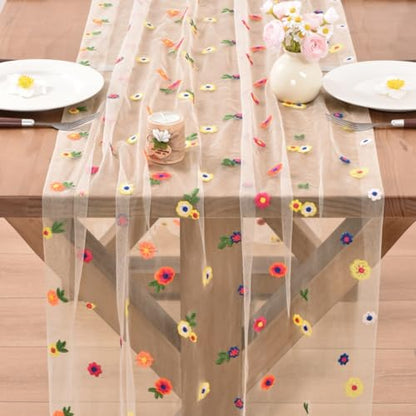 Flower Table Runner Daisy Embroidered Wedding Decor Champagne 4
