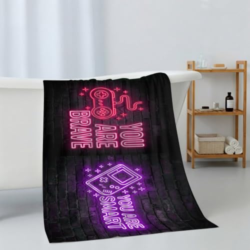 Green Pink Video Game Bath Towels Set of 3 - Soft Absorbent Quick Dry Gaming Icons
