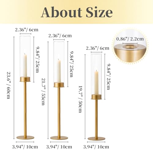 Hewory Gold Candlestick Holders 12PCS Glass Hurricane Tall Brass Base Matte Gold
