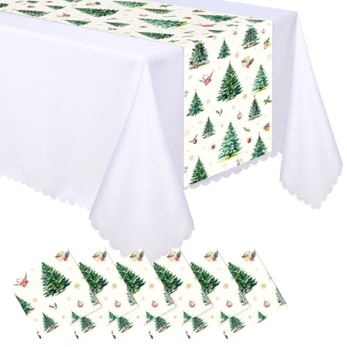Christmas Table Runner Green Xmas Tree Design 14x108 Inch Disposable Holiday Decor - Set of 6