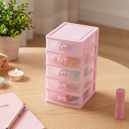 Pink 5-Tier Makeup Organizer with Bow Handle - Desktop Storage Box
