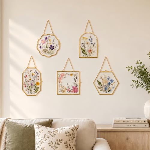 Pressed Flower Glass Frame Set 5Pcs - Scalloped Gold Wall Hanging Frames