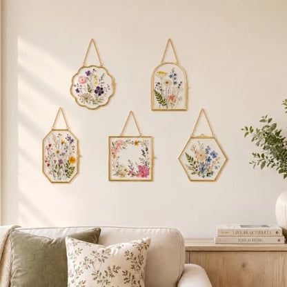 Pressed Flower Glass Frame Set 5Pcs - Scalloped Gold Wall Hanging Frames