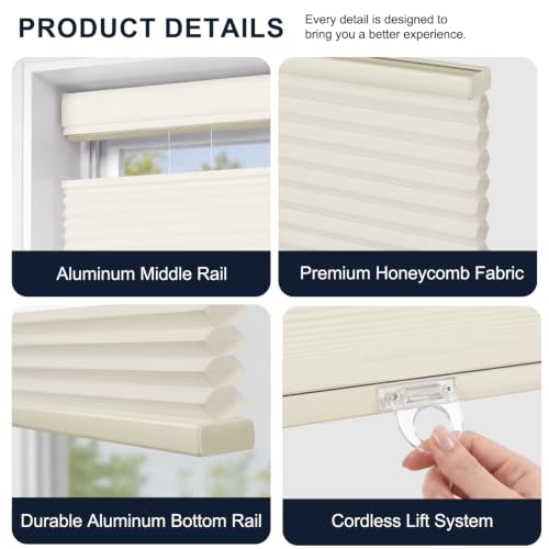 Beige No Drill Top Down Bottom Up Cellular Window Shades 34.5W x 64H