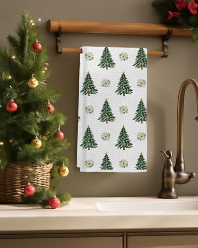 Christmas Tree Kitchen Towels - Farmhouse Holiday Wreath & Pine Design - 16x24 Inch - Variation of THIS listing