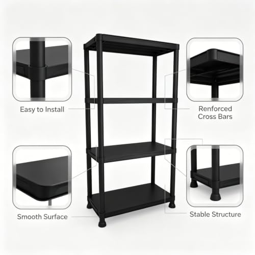 Garage Shelving Plastic Storage Shelves 4-Tier Unit 52x24x12 Inches - Waterproof & Sturdy