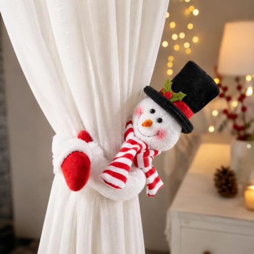 Christmas Curtain Tiebacks Set - Black Santa & Snowman Plush Holdbacks