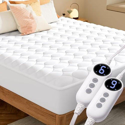 King Size Heated Mattress Pad with Dual Control - White, 9 Settings, Auto Off