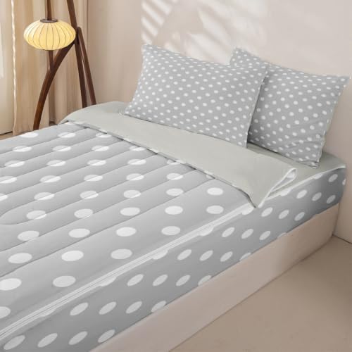 Kids Full Size Polka Dot Bedding Set with Zipper Comforter & Fitted Sheet - Grey White Cartoon
