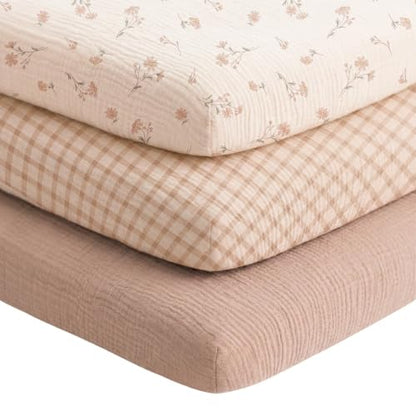 Pink Bedside Bassinet Sheets 3-Pack - Niceye Muslin Fitted Sheets for 33" x 21" Sleepers