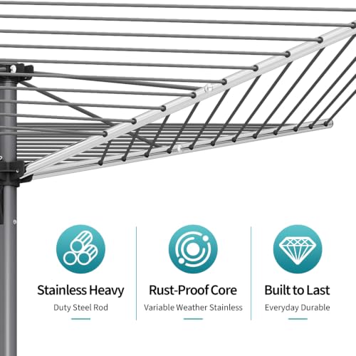 Outdoor Clothes Drying Rack 131ft Umbrella Style with 360° Rotatable Top Gray