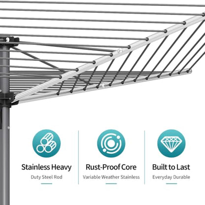 Outdoor Clothes Drying Rack 131ft Umbrella Style with 360° Rotatable Top Gray