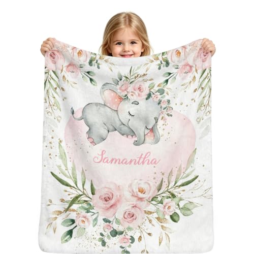 Personalized Baby Blanket with Name - Elephant Floral Watercolor - Watercolor A-01