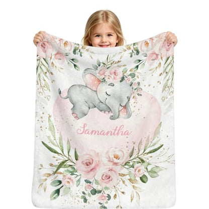 Personalized Baby Blanket with Name - Elephant Floral Watercolor - Watercolor A-01