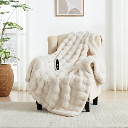 Electric Heated Blanket Throw 50x60 Bubble Beige Faux Fur with Overheat Protection