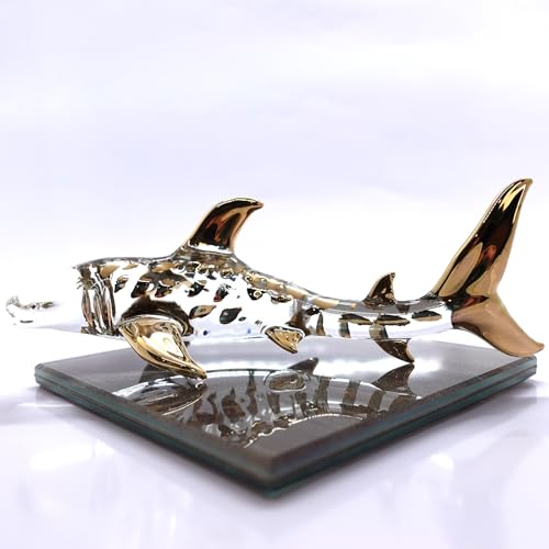 Whale Shark Miniature Glass Figurine - Hand Blown Sea Animal Decor, 5.5 Inches, Clear Gold