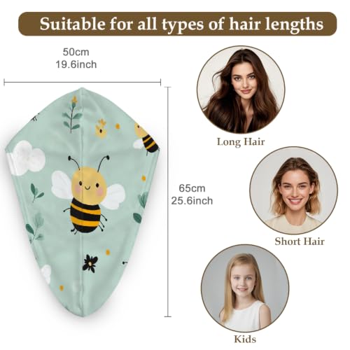 Microfiber Hair Towel Wrap for Women - Quick Dry, Absorbent Turban with Cartoon Bee Pattern