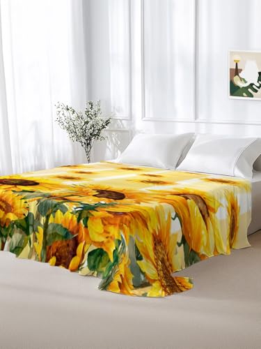 Summer Sunflower Yellow Stripe Flat Sheet Twin XL Microfiber Bedding - Breathable & Soft