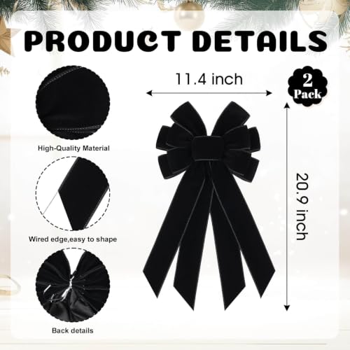 Black Velvet Christmas Bow Set for Wreaths and Trees - Large 2 Pack