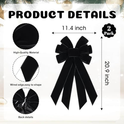 Black Velvet Christmas Bow Set for Wreaths and Trees - Large 2 Pack