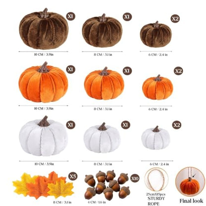 27-Piece Fall Decor Set with Velvet Pumpkins, Maple Leaves & Acorns