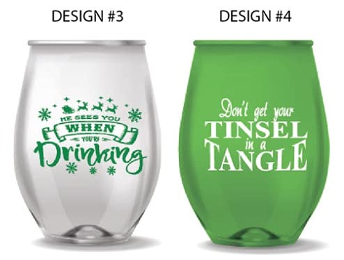 Christmas Themed Stemless Wine Glass Set of 12 - Unbreakable Funny Sayings - Holiday Party Drinkware